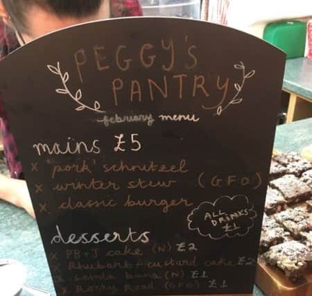 The menu board at Peggy's Pantry for its February event.