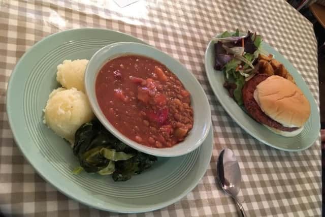 Winter veg stew and burger from Peggy's Pantry.