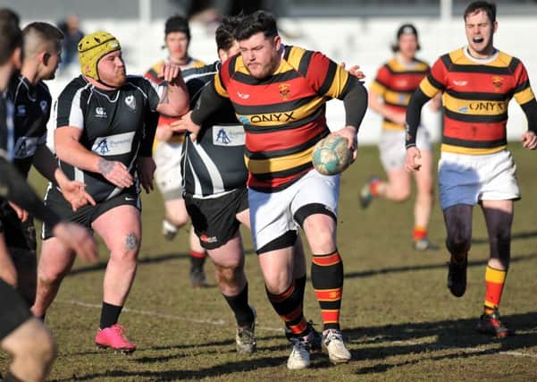 Sunderland's second XV (red/yellow) attack against Winlaton Vulcans at Ashbrooke on Saturday. Picture by Tim Richardson