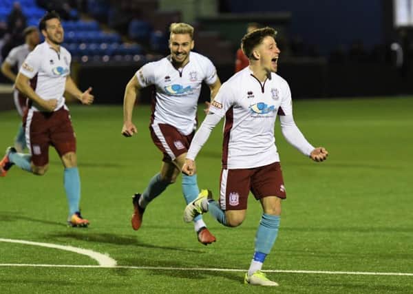Aksel Juul enjoys scoring for South Shields in last night's 1-1 Evo-Stik North draw at promotion rivals Hyde United. Picture by Kevin Wilson.