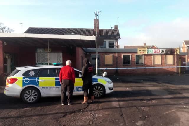 Police outside the Gleneagles pub in Grindon following a suspected arson attack last night.