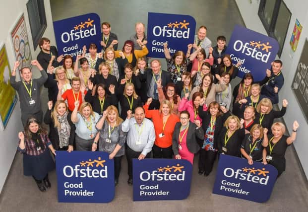 Staff at East Durham College's Peterlee campus celebrate the Ofsted grading.