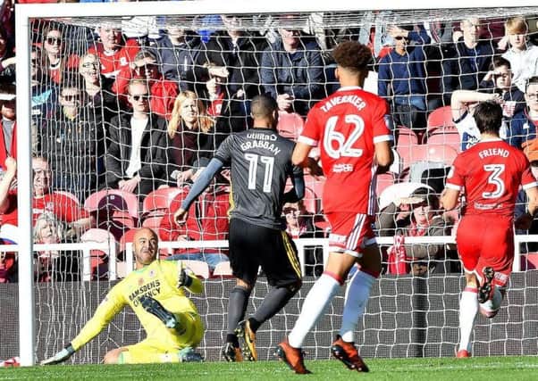 Boro keeper Darren Randolph is helpless as Sunderland's Lewis Grabban misses a glorious chance in November's Championship clash at the Riverside. Picture by Frank Reid.