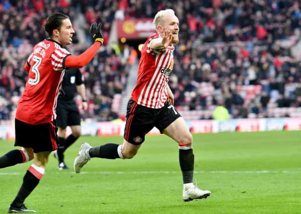 Jonny Williams (right) shows his delight at scoring in Sunderland's dramatic Wear-Tees draw against Middlesbrough. Picture by Frank Reid