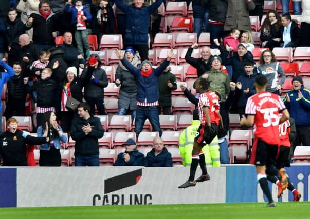 Joel Asoro jumps for joy as he celebrates putting Sunderland ahead against Boro. Picture by Frank Reid