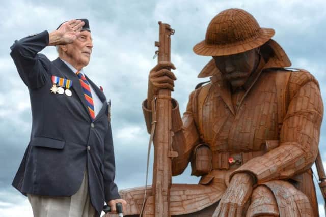 Jack Watson at Seaham's Tommy statue