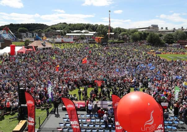 Thousands gathered at the Durham Miners' Gala to listen to the speakers on the Racecourse Ground.