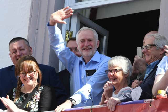 Labour Party Leader Jeremy Corbyn on the Royal County Hotel balcony watching the 2017 Durham Miners' Gala.