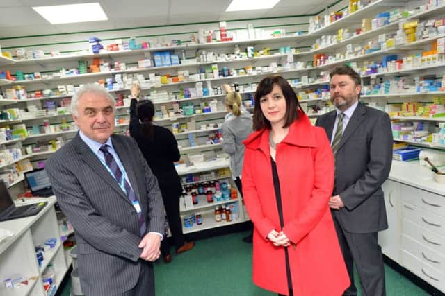 Bridget Philipson MP visits Whitfields Pharmacy manager Steve Foster as part of the Save Your Local Pharmacy campaign. Back Mark Stephenson CO Sunderland Local Pharmaceutical Committee