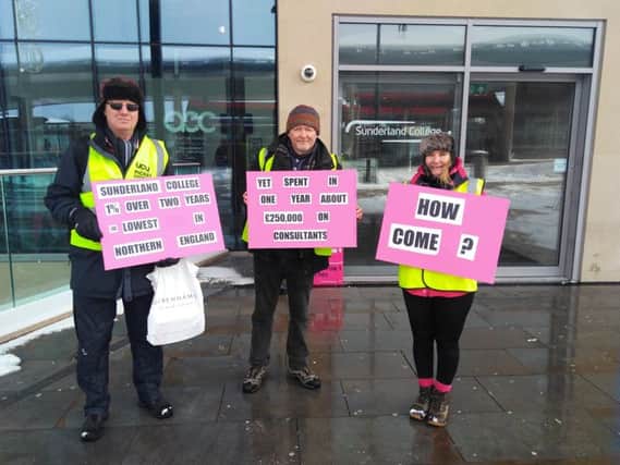 University & College Union (UCU) members Brian Naisby, Kevin Lynch and Laura Stamp take part in the strike action outside Sunderland College's City Campus.