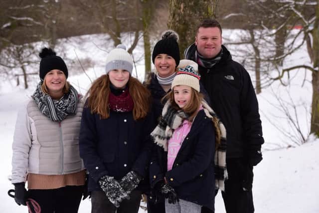 Sledging in Backhouse Park, Sunderland, Vicky Conn and daughters Ione and Isla and Charlotte and Andrew Beattie.