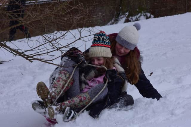 Sledging in Backhouse Park, Sunderland, this morning Isla and Iona Conn