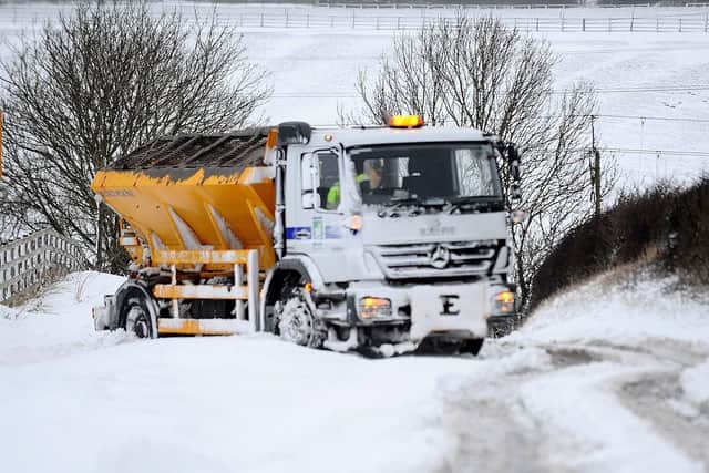 Hartlepool Borough Council gritter stuck in drifting snow on the Elwick Village to Hartlepool road. Picture by FRANK REID