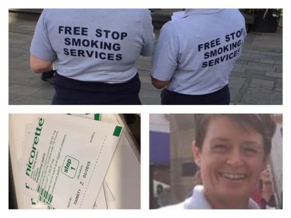 Clockwise from top, stop smoking advisers, Annie Pluse and nicotine replacement patches.