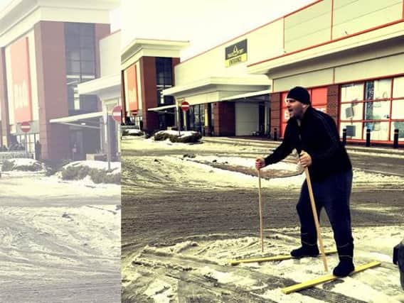 Darren Timby made himself some skis to get around B&Q car park. Photo by Luke Timby.