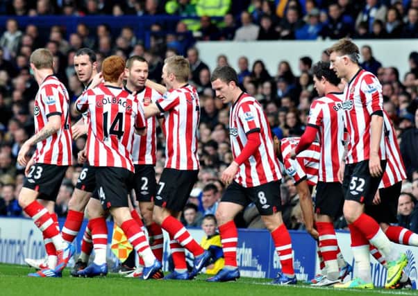 Sunderland celebrate Phil Barsley's opening goal at Goodison. Picture by Peter Berry