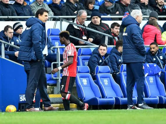 Didier Ndong is sent off at Cardiff City in his final appearance for Sunderland before his Watford loan move.