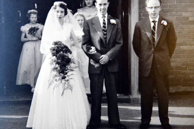 Norman and Dorothy Colling on their wedding day with their Best Man Albert Williamson.