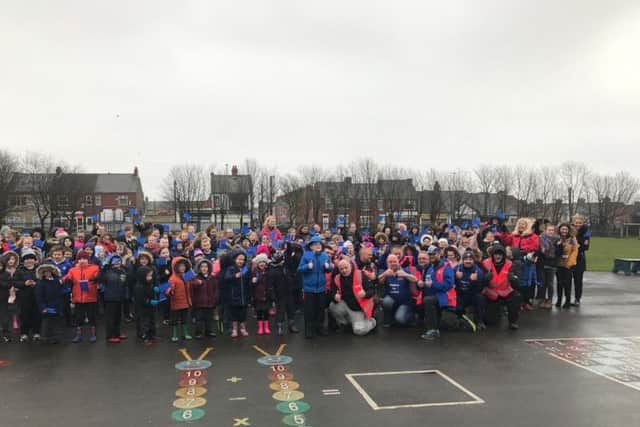 The team of walkers meet children at Blackhall Primary School, which Bradley Lowery attended.