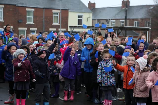 Fund-raisers who have walked from Bournemouth for the Bradley Lowery Foundation drop in to Bradley's school in Blackhall. Picture: TOM BANKS