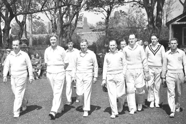 Seaham Harbour skipper Joe Ranson (fourth from left) leads his side out to field in the Durham Senior League at Whitburn on May 28, 1955