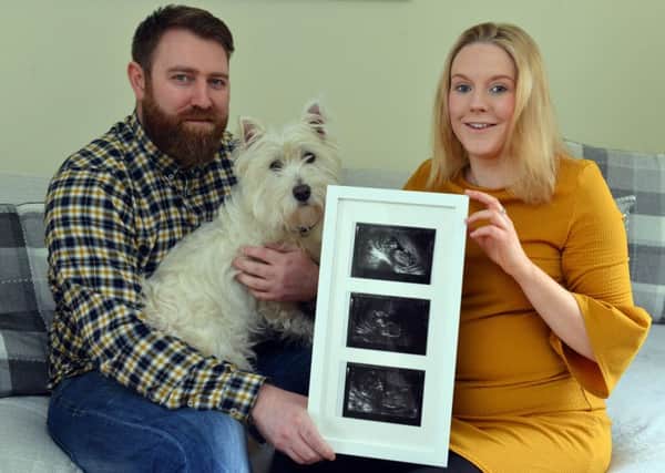 Ashleigh Powell and Steve Taylor lit up Sunderland Empire blue for their pregnancy gender with Terrier Archy