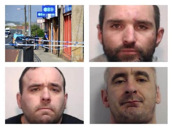 Clockwise from top left, the scene of the Horden robbery which Anthony Gough, Lee Tansey and Christopher Reuben have been jailed for committing.