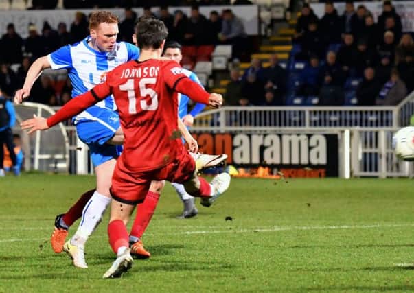 Michael Woods hits Pools' winner against Bromley. Picture by Frank Reid