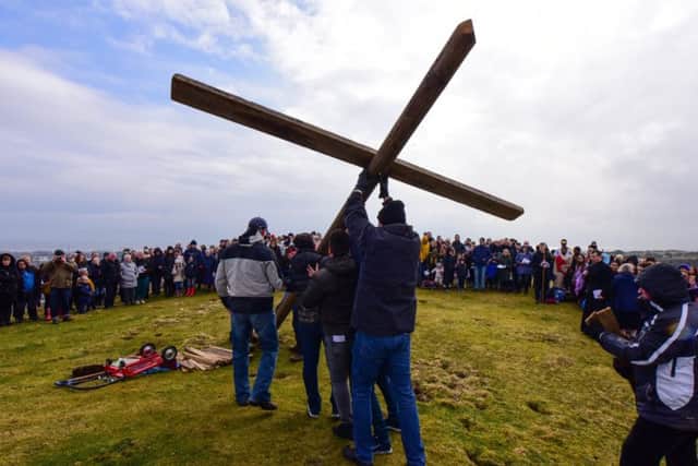 The annual Good Frtiday raising of the cross and Passion Play on Tunstall Hill. Sunderland.