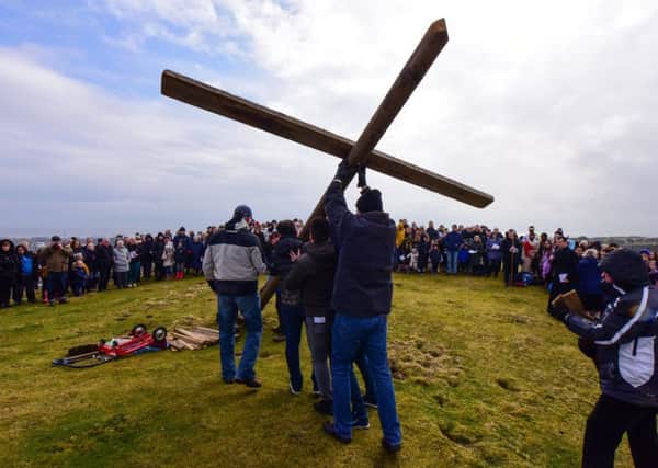 The annual Good Frtiday raising of the cross and Passion Play on Tunstall Hill. Sunderland.