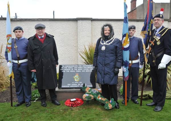 Unveiling of memorial stone in recognition of the 100th anniversary of the Royal Air Force, at The Clock Garden, Seaham.  The Mayor of Seaham Coun Sonia Forster and MP Graeme Morris.