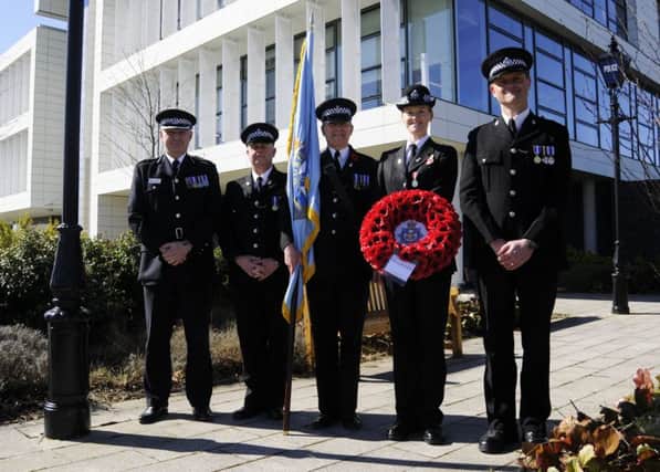 From left to right, assistant chief constable Dave Orford, PC Glen Henderson, retired PC and standard bearer Dave Cuthbertson, chief inspector Catherine Clarke and inspector Ed Turner.