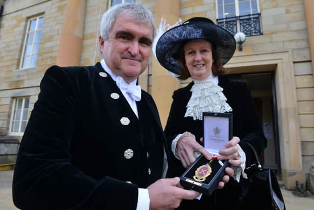 The outgoing High Sheriff of Durham Caroline Peacock hands over the role to Stephen Cronin.