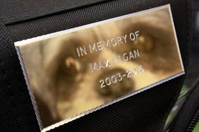The engraved plaque on the oxygen tent in memory of Max.