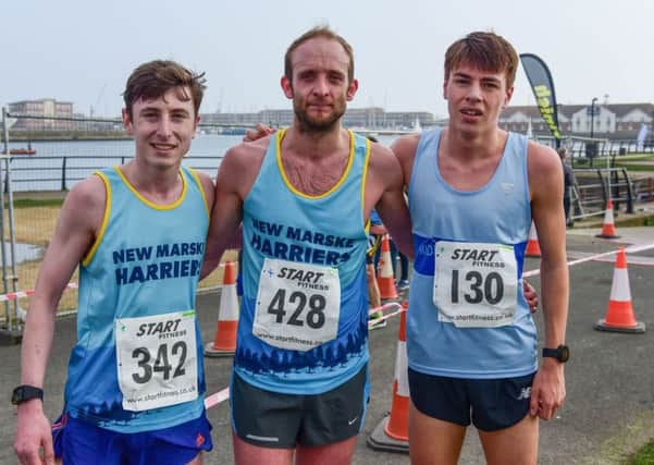 The top three in the Hartlepool Marina 5-Mile Road Race (from left): Dean Newton, winner Dominic Shaw and Josh Cowpenthwaite. Picture by Kevin Brady.