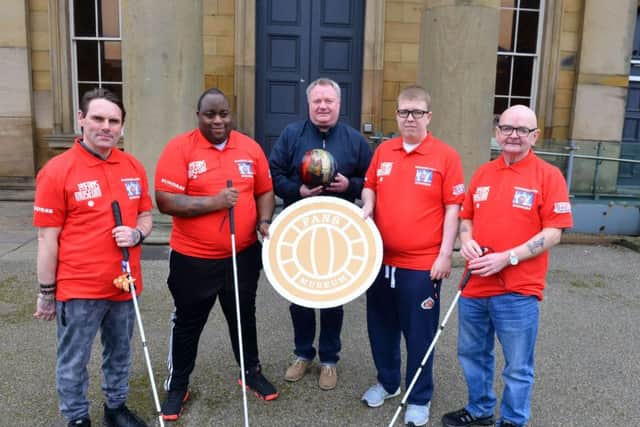 Founder of SAFC Museum Michael Ganley (middle) sponsors the partially sighted bowling team the Sunderland Spinners. Team from left with new shirts Martin Whales, Tendai Noel, Alex Ditch and Dennis Murphey.