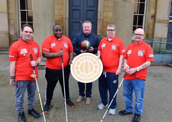 Founder of SAFC Museum Michael Ganley (middle) sponsors the partially sighted bowling team the Sunderland Spinners. Team from left with new shirts Martin Whales, Tendai Noel, Alex Ditch and Dennis Murphey.