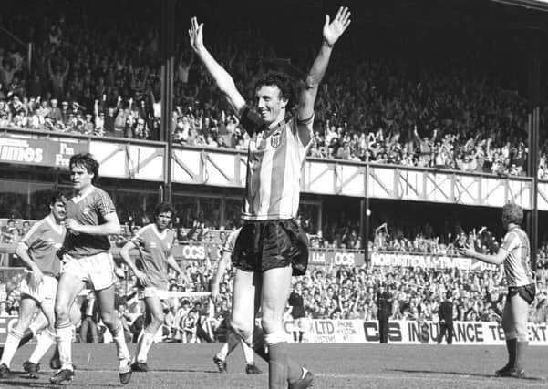 Tom Ritchie celebrates his hat-trick in Sunderland's 3-0 win over Birmingham City at Roker Park on April 18, 1981
