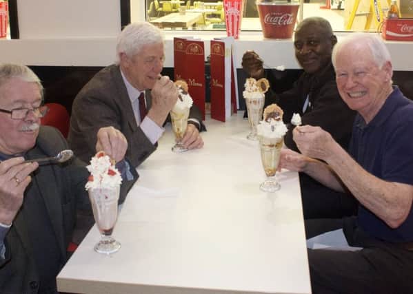 Former Sunderland players Bobby Kerry, Jimmy Montgomery, Gary Bennett and Jimmy Shoulder visit the new Lickety Split ice cream parlour at Infinite Durham.