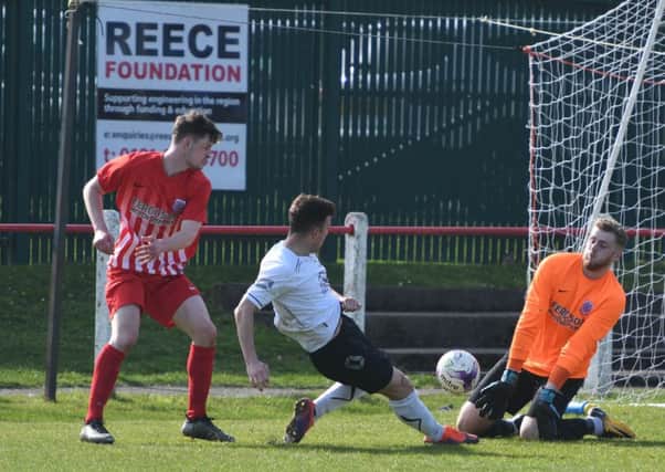 Seaham Red Star keeper Jordan Harkess makes a fine save against West Auckland in Division One on Saturday. Picture by Kevin Brady