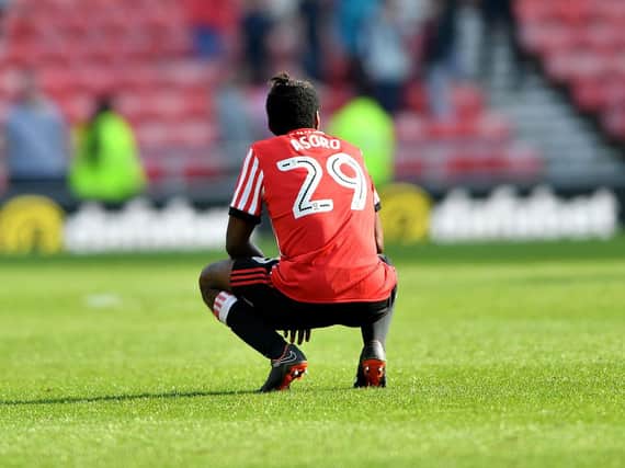 Joel Asoro is on his knees at the final whistle.