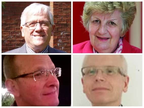 Candidates for the Doxford ward in the Sunderland council local elections. Clockwise, from top left, George Edward Brown (Conservatives), Elizabeth Gibson (Labour), Alan Robinson (Green Party) and Peter Walton (Lib Dems).