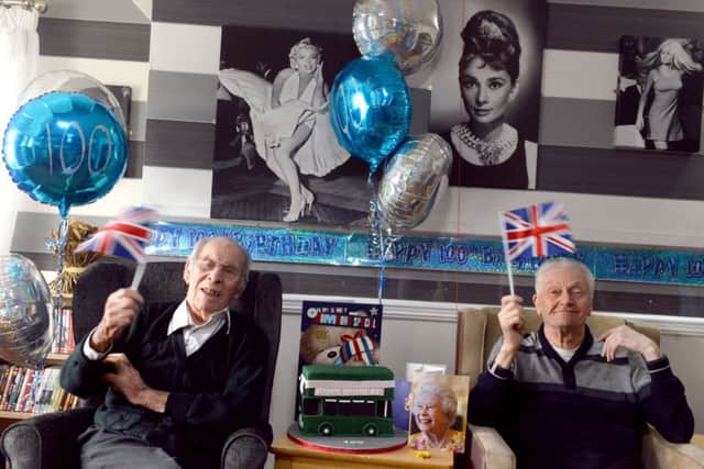 Springfield House resident Tom Stainsby celebrates 100th birthday with good friend Tom Goyne (R)