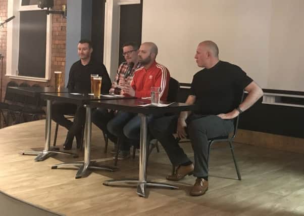 From left, former SAFC player Stephen Elliott, Gareth Barker and Stephen Goldsmith of Wise Men Say, and ex-Sunderland star Lee Howey.