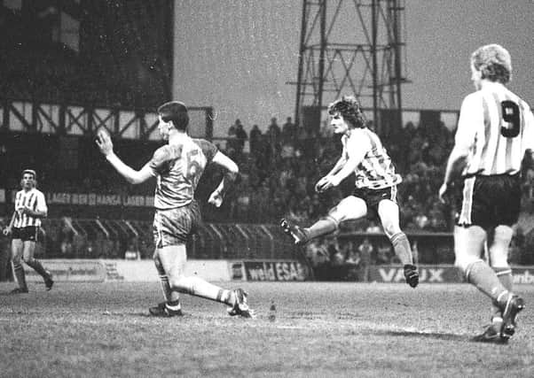 Eric Gates fires in a shot from outside the box in Sunderland's 2-0 win over Shrewsbury in 1986