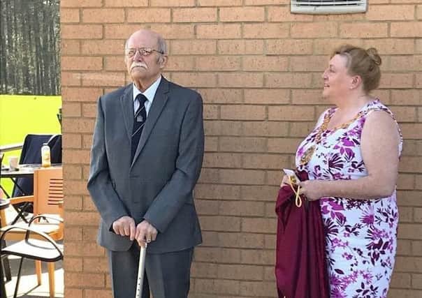 Roy Simpson with Peterlee Town Mayor Councillor Mary Cartwright after unveiling the new ground name