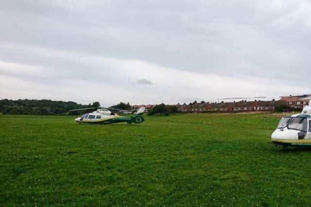 Two of the Great North Air Ambulance's helicopters on scene in Ryhope, shared by the charity online.