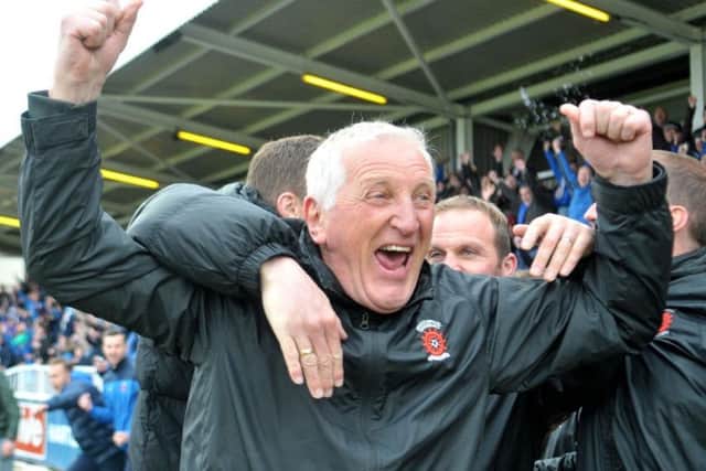 Ronnie Moore celebrates keeping Hartlepool United in the Football League in 2014-15. Picture by Frank Reid