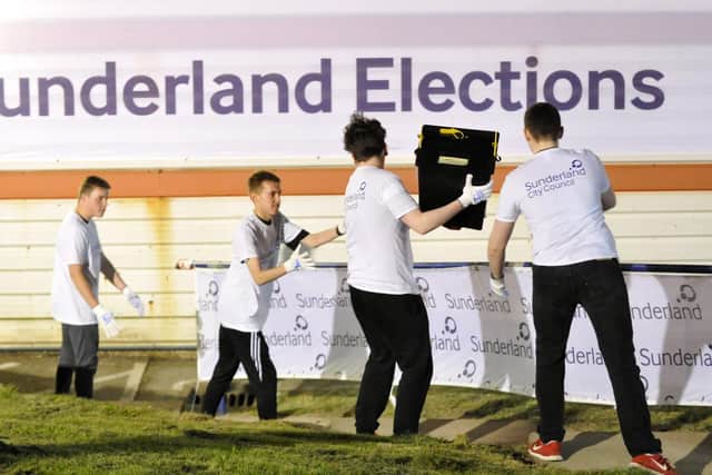 Volunteer sixth-formers from St Aidan's and St Anthony's Schools carrying ballot boxes to be counted in tonight's Sunderland City Council Election 2018. Picture by North News