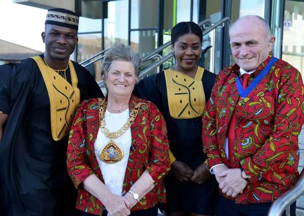 Afrio-Caribbean Society president Francis Ezenagu and member Elvica Kata with Mayor of Sunderland, Coun Doris MacKnight, and her consort Keith MacKnight.